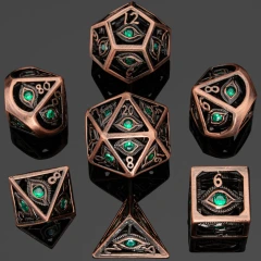 Ancient Copper with Emerald Green Gems Dragon's Eye Hollow Metal Dice set